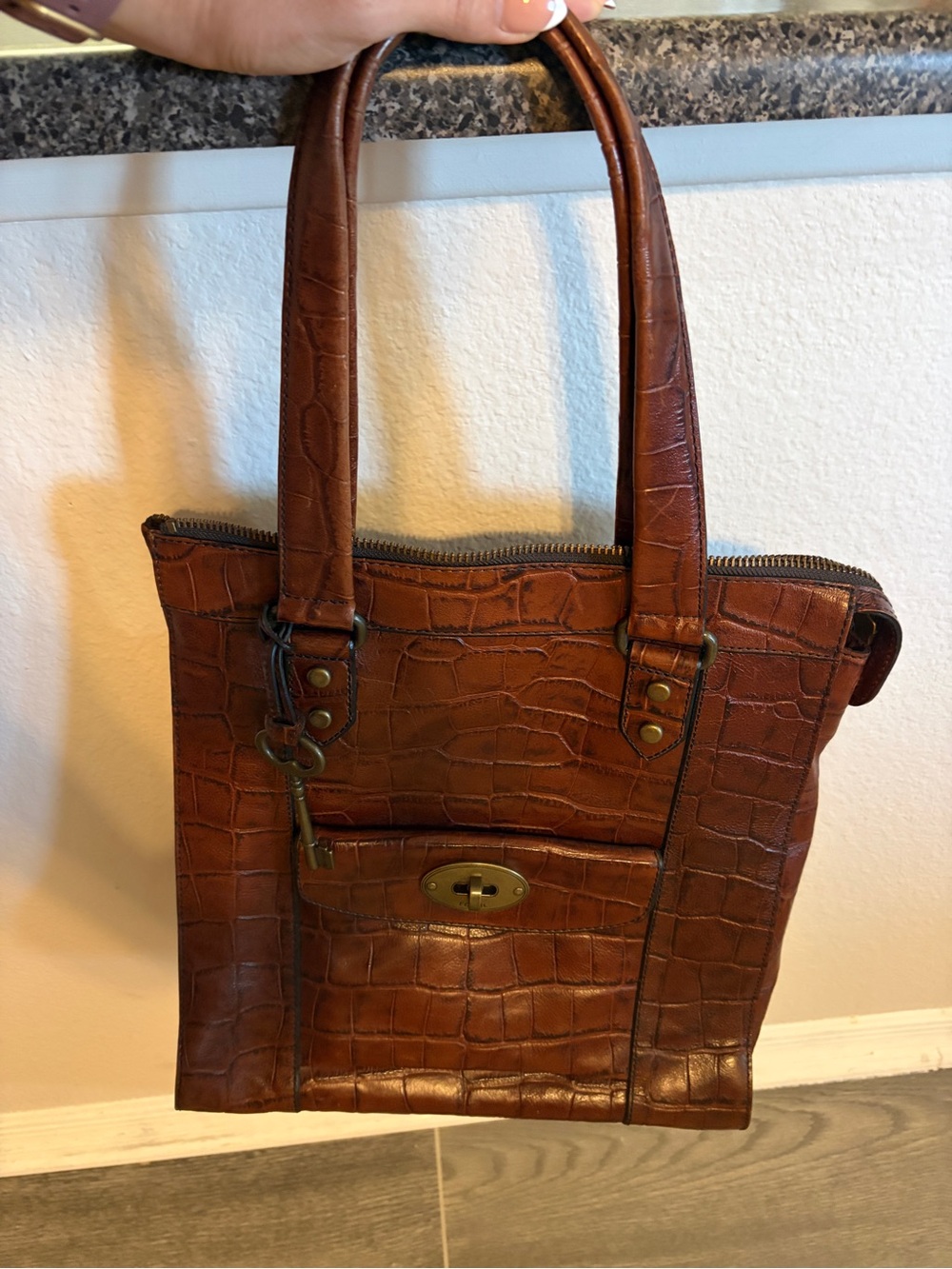 Fossil Brown Croc-Embossed Shoulder Bag